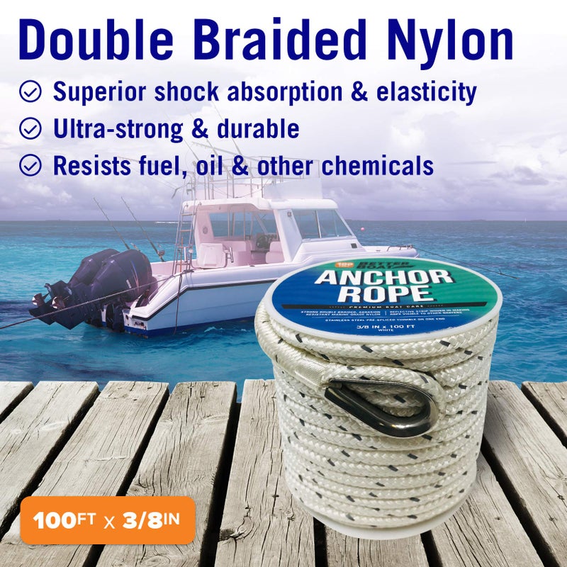 Better Boat Premium Anchor Rope, 100 Ft Double Braided White Nylon Marine Line, Reflective 3/8 Inch Reel for Anchors and Boats - White - Image 4